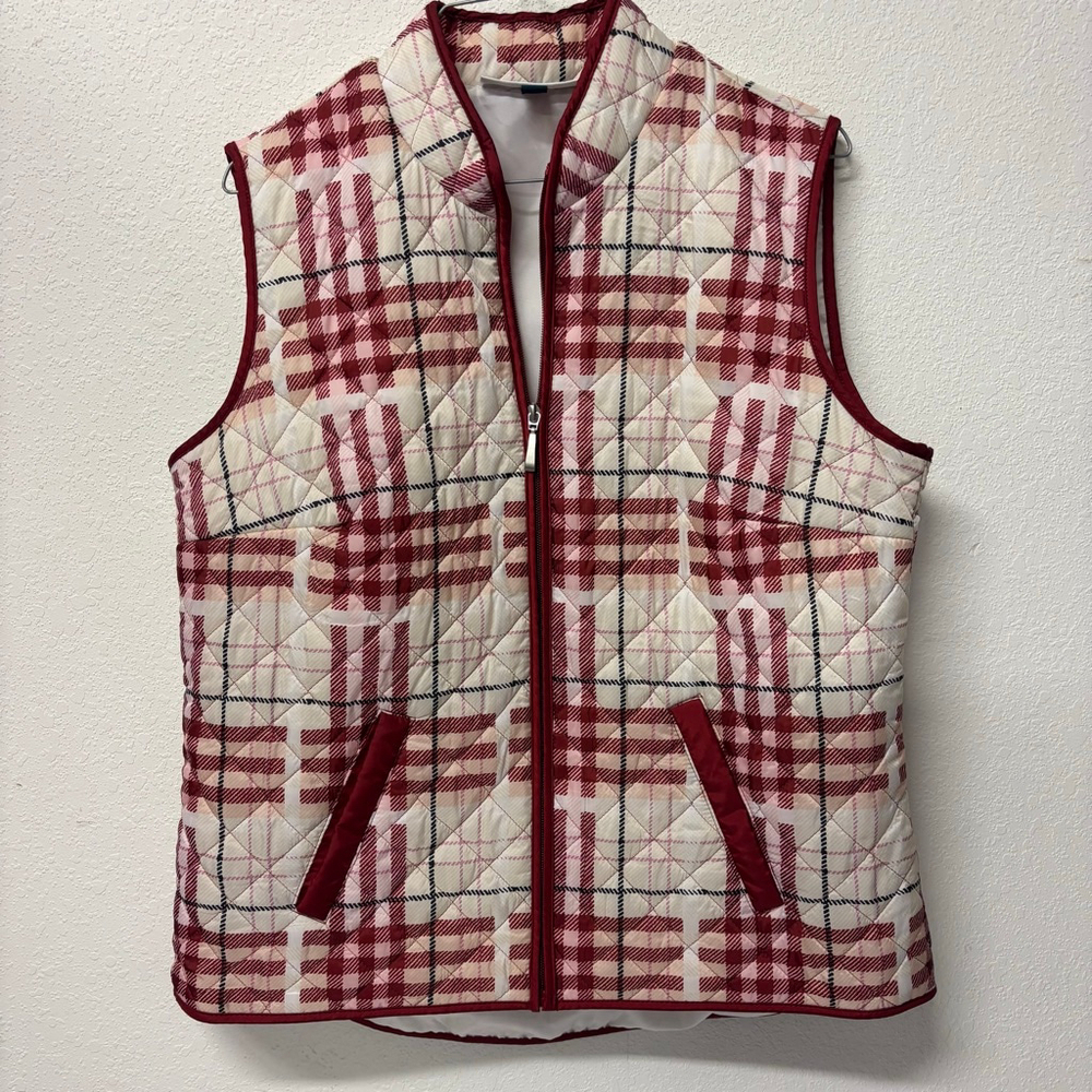 Karen Scott Quilted Plaid Vest M Red Beige EUC Fall colors